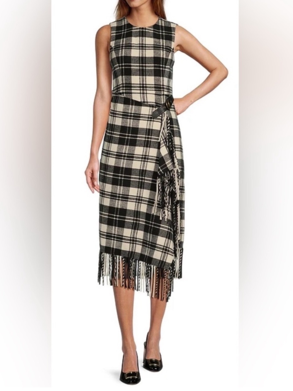 ANTONIO MELANI Tulla Cream Black Plaid Flannel Fringe Blanket Dress
